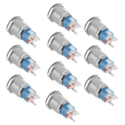 10pcs 19mm 12V Red LED Ring Illuminated ON/Off Push Button Silver For DIY