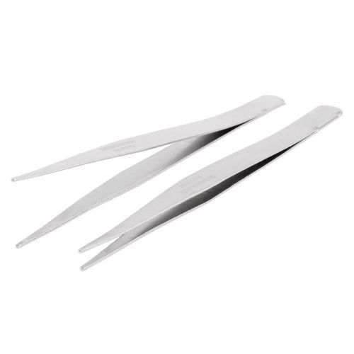 2 Pcs Silver Tone Round Tip Straight Tweezers 4.9&#034; Length Hand Tool