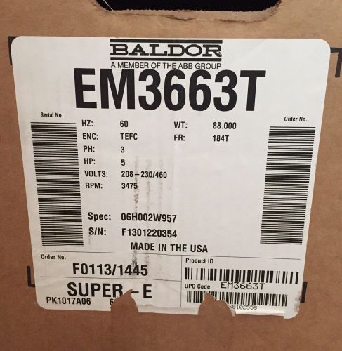 Brand New Baldor Super-E ~ 5 HP, 3500 RPM, AC Motor Cat No. EM3663T ~ 230/460V