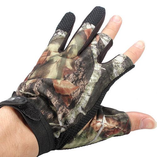 Pair 3 Cut Finger Anti Slip Green Camo Camouflage Fishing Gloves Free Shipping