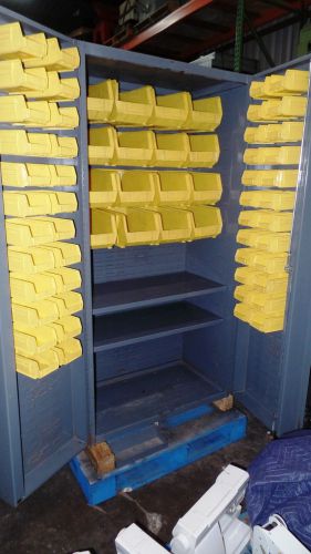 Durham Parts Bin Cabinet 64 Yellow bins two shelves 72&#034; tall 36&#034; wide 25&#034; deep
