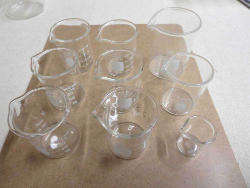 (Lot of 9) Griffin Beakers Pyrex &amp; Kimax 10mL, 50mL &amp; 100mL