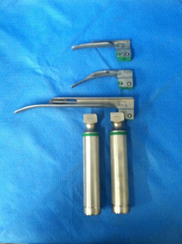 Welch Allyn MIL4, MAC 2, MIL 1 Laryngoscope Blades, and Two Handles