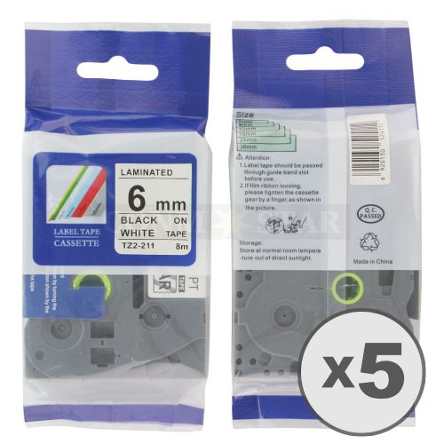 5pk white on black tape label compatible for brother p-touch tz tze 211 6mm 1/4&#034; for sale
