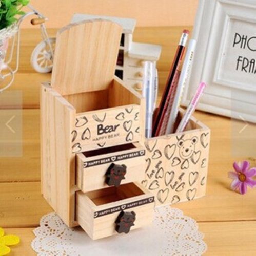 Wood jewel case desk organizer pen container with two drawers