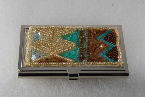 New SEED BEAD And CLOTH Covered  Chrome  Metal Business . . Credit Card Holder
