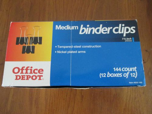 144 Office Depot Medium Binder Clips 12 Box&#039;s of 12 Holds up to 1 1/4&#034;