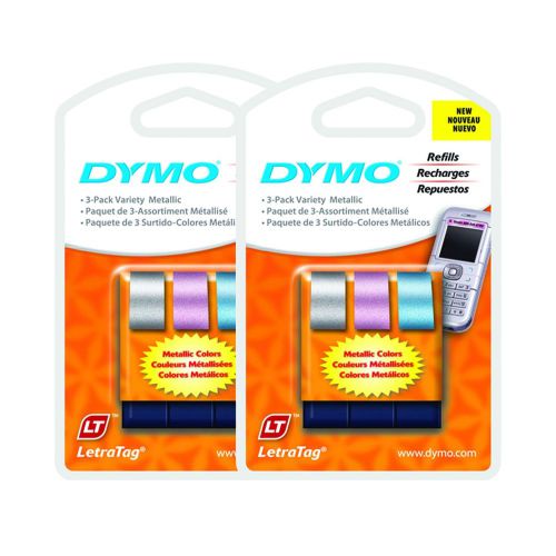 6pk dymo letratag label tapes 2-silver 2-pink 2-blue metallic letra tag lt qx50 for sale