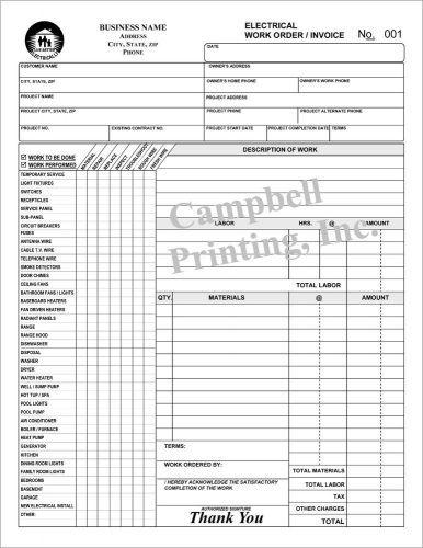 ELECTRICAL WORK ORDER INVOICE - 2 PART CARBONLESS