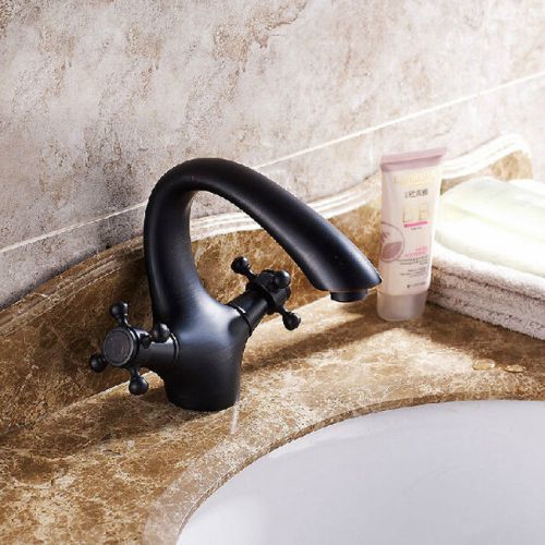 Retro Style Oil Rubbed Bronze Curve Neck Dual Handle Bathroom Sink Mixer Faucet