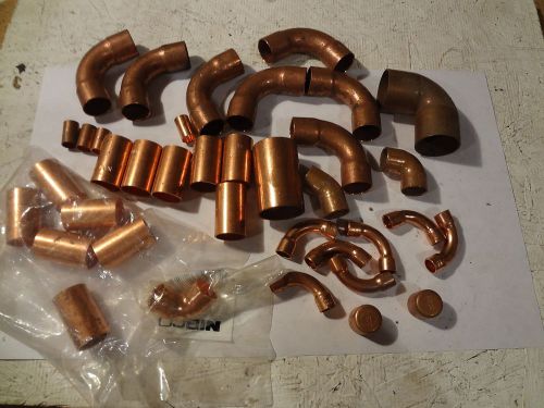 Mixed lot of (37) copper pipe fittings mixed sizes 90 &amp; 45 dregee elbows coupler for sale