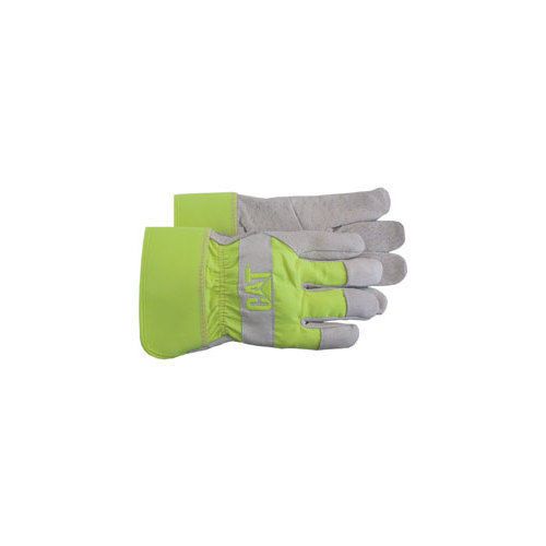 BOSS / CAT GLOVES CAT013103L Leather Palm Work Gloves w/Fluorescent Green Bac...