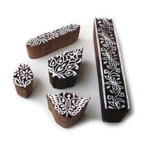 Multi hand carved floral &amp; butterfly pattern wooden printing tags (set of 5) for sale