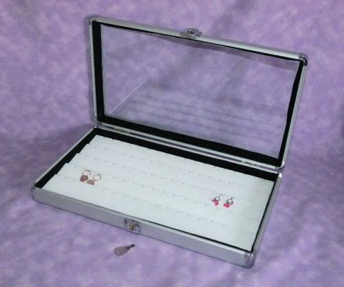 LARGE ALUMINUM GLASS TOP CASE WITH A 90 EARRING INSERT WHITE