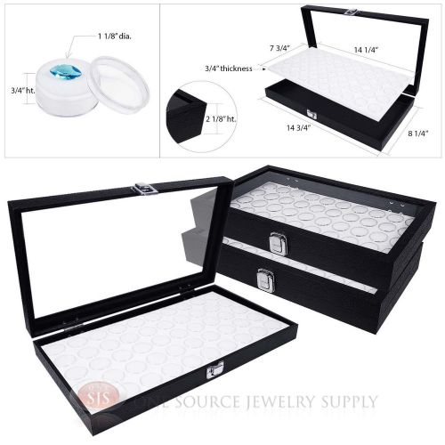 (3) black wooden glass top display cases w/ 3 white 50 gem jar gemstone inserts for sale
