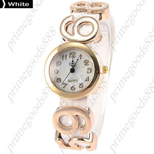 Numbers Numeral Round PU Leather Lady Ladies Quartz Wristwatch Women&#039;s White