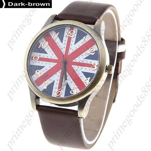 Union jack British Flag PU Leather Ladies Quartz Wristwatch Women&#039;s Dark Brown