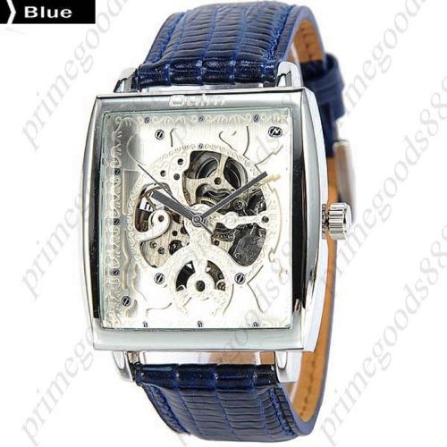 Square PU Leather Strap See Through Auto Mechanical Wrist Men&#039;s Wristwatch Blue