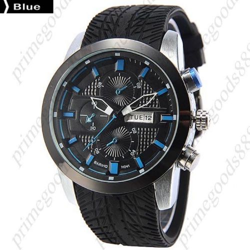 Rubber false sub dials date analog japan quartz men&#039;s wrist wristwatch blue for sale