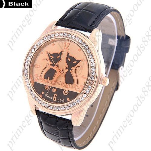 Cat Cats Rhinestones PU Leather Quartz Lady Ladies Wristwatch Women&#039;s Black