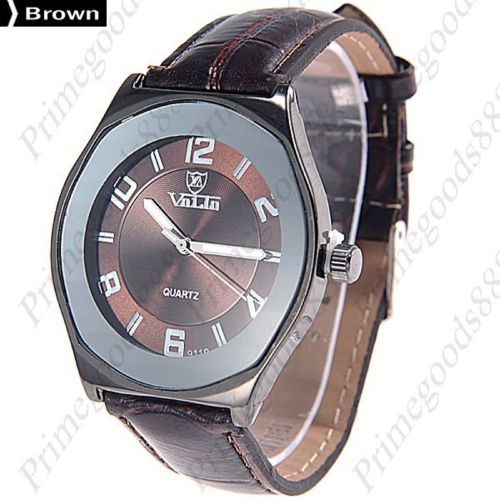 Genuine leather round case men&#039;s wrist quartz wristwatch in brown band and face for sale