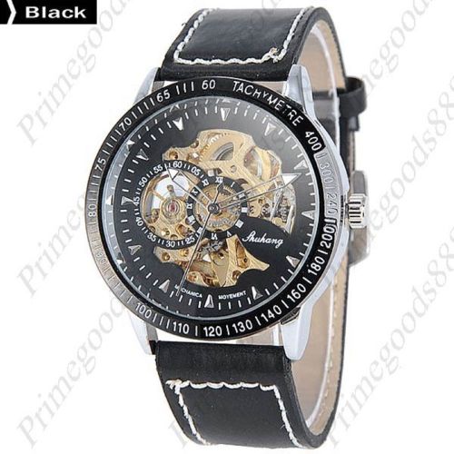 PU Leather Strap Auto Automatic Mechanical Wrist Men&#039;s Wristwatch Gold Black