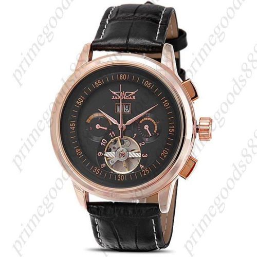 PU Leather Auto Automatic Mechanical Sub Dial Date Men&#039;s Wristwatch Gold Black