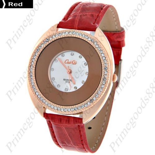 Round Rhinestones PU Leather Lady Ladies Wrist Quartz Wristwatch Women&#039;s Red