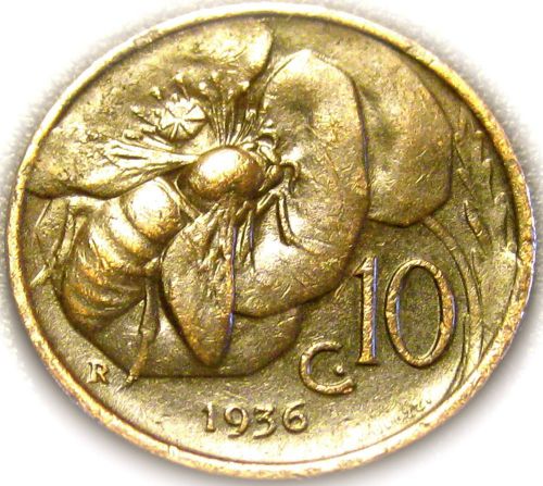 Honeybee Coin - Italy - Italian 1936R 10 Centesimi Coin - Great Coin - RARE