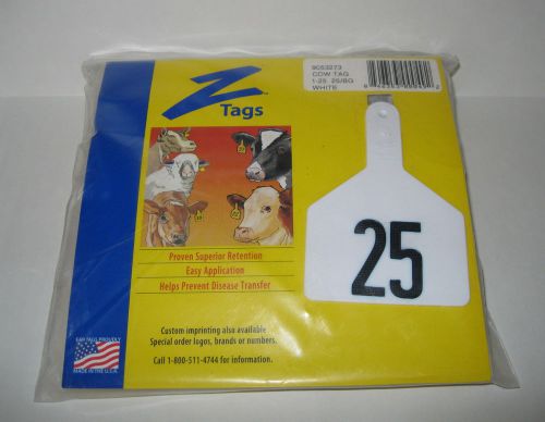New Z Tags 1-25 Numbered White Cow No Snag Ear Tags 9053273, 25 Tag Bag