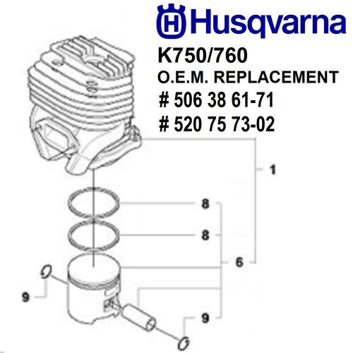 Husqvarna k750, k760 cylinder &amp; piston, nikasil o.e.m. quality replacement 51mm for sale