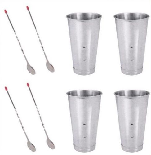 4 pc s/s milk shake malt cup cups 30oz &amp; 4 pc bar spoons 11&#034; slmc001, &amp; slkbs001 for sale