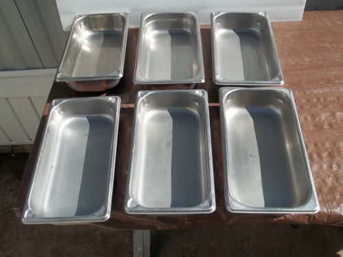 LOT OF 6 USED STAINLESS STEEL 1/3 HOTEL PANS 2&#034; DEEP FEW SCRATCHES DINGS GOOD