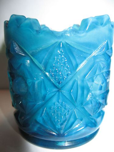 Blue milk glass tabletop toothpick holder star diamond pattern match slag opaque