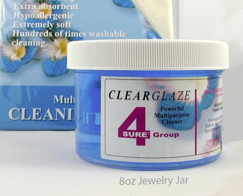 Jewelry cleaning set: wide jar of &#034;green&#034; 16 oz cleaner 2 jars microfiber napkin for sale