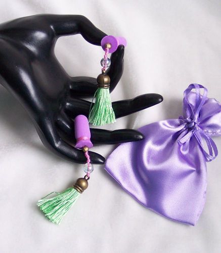 Silky green antiqued gold tassels ab beads purple sound reduction ear plugs set for sale