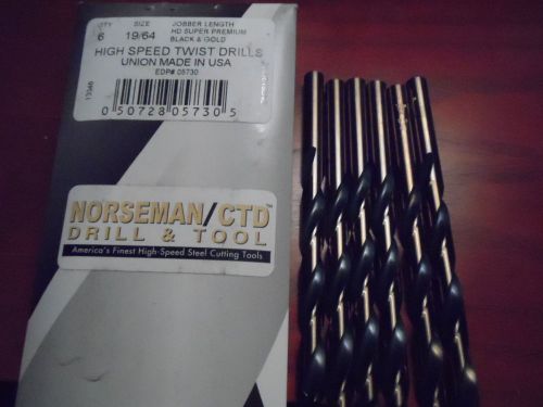 HIGH SPEED TWIST DRILLS - NORSEMAN - JOBBER -UNION MADE IN USA SIZE 19/64-QTY 6