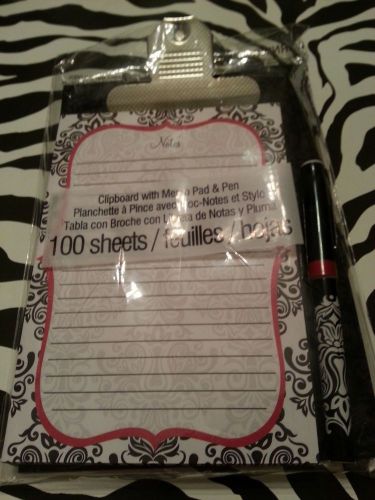 STUDIO 18 Black and White DAMASK Clipboard with Memo Pad &amp; Pen NEW 100 SHEETS