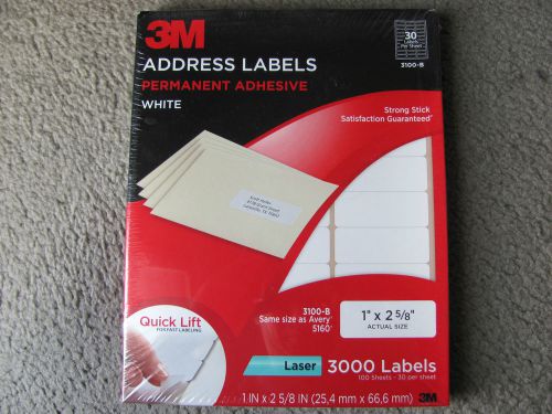 New 3M Address Labels Permanent Adhesive White 3100-B (1” x 2 5/8”) 3000 Labels