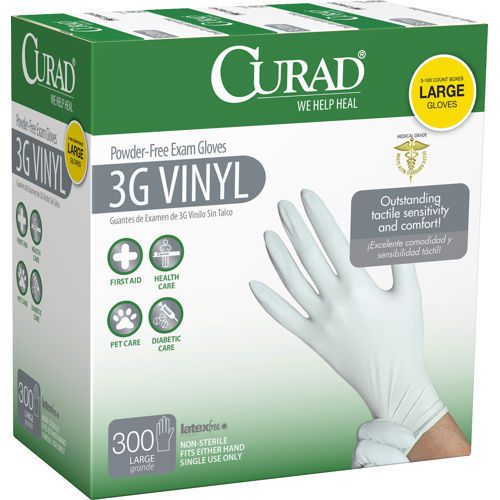 Curad Powder-Free 3G Vinyl Exam Gloves, Large, 300 ct (CUR8236)