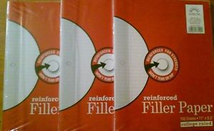 3 Packs Filler Paper  College Ruled  Reinforced  100 Sheets Each White Paper