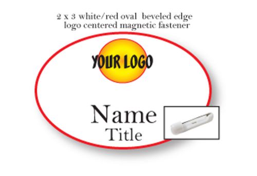 1 OVAL WHITE / RED NAME BADGE FULL COLOR LOGO 2 LINES OF PRINT PIN FASTENER