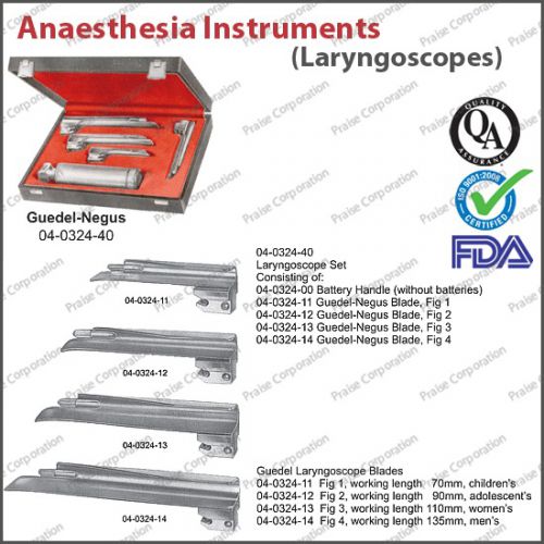 Praise Laryngoscope Set Mac+Miller 4 Blades and 1 Handle Anaesthesia