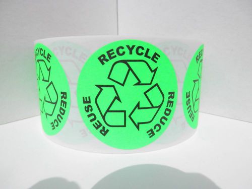 50 RECYCLE REUSE REDUCE  1 3/4&#034; circle green fluorescent  Stickers Labels