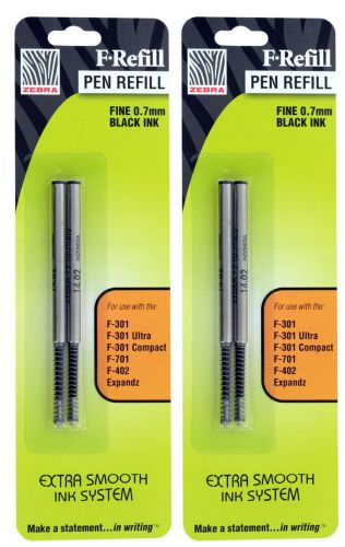 4 Zebra F301,F402, F-301A, F-701 Pen Refills 0.7mm. Fine Black Ink