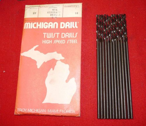 Michigan Drill 906 #27 .1440&#034; LOT OF 12 HS Aircraft Drill 6&#034; OAL 135 DEG USA