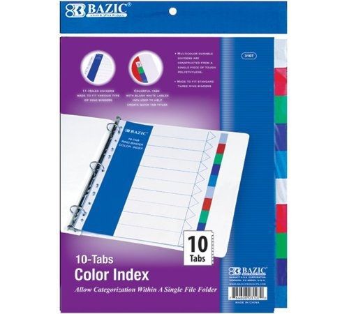 Bazic 3-Ring Binder Dividers with 10-Color Tabs (Case of 24)