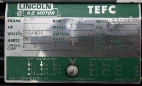Lincoln AC Motor 3HP 1170RPM 230/460Volts 60Hz 3Phase
