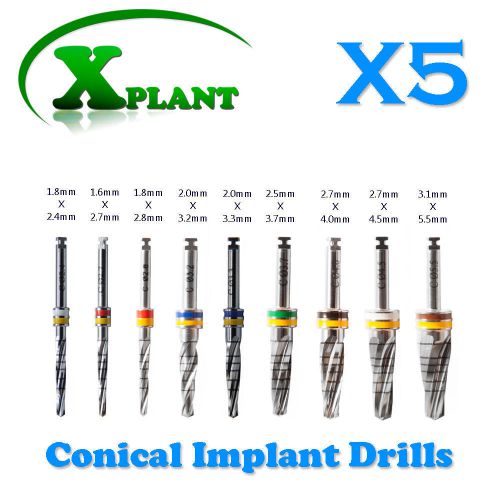 5 Internally Irrigated Conical Implant Drills, Dental Equipment