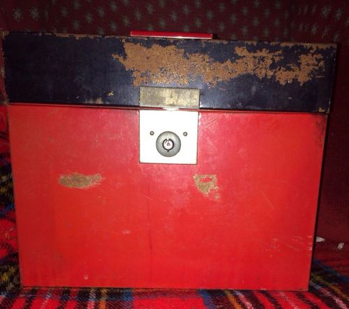Vintage red/black metal file folder box red handle rustic shabby office retro for sale
